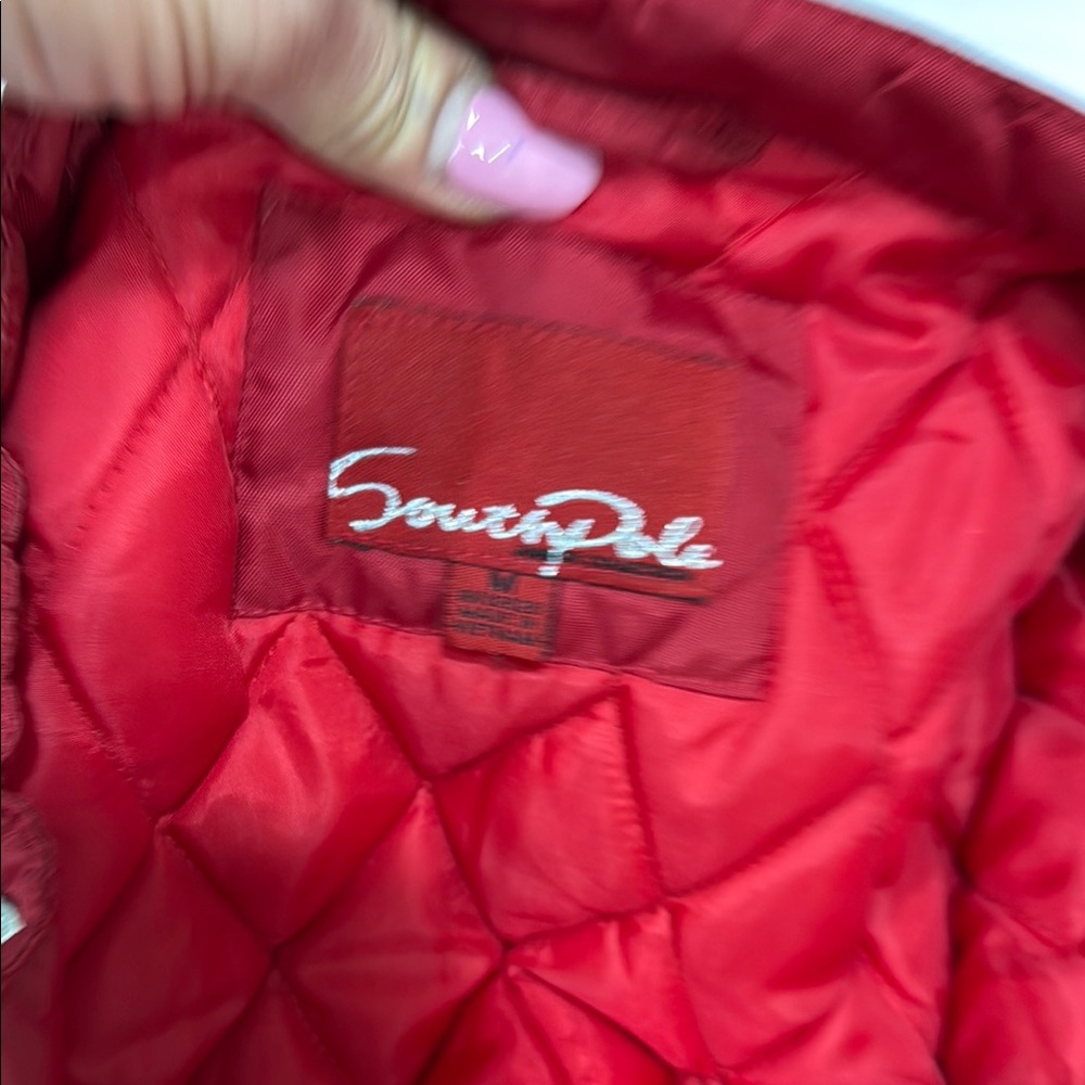 Red and White Bomber Jacket with Stand-Up Collar - Picture 5 of 7